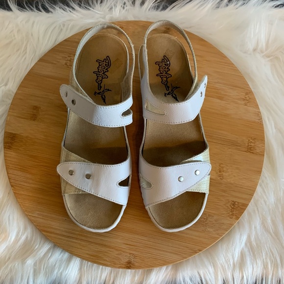 White and Tan Sandals with Perforated Strap Design - Picture 2 of 11